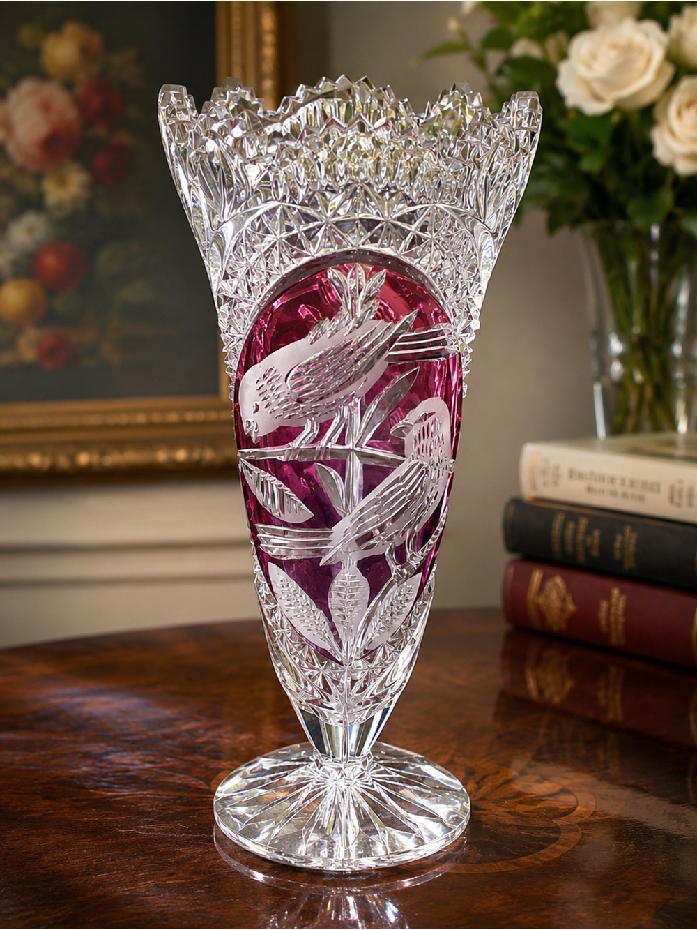 Vintage Hofbauer Byrdes Ruby Frost Cut Crystal Bird Vase Germany 10.25”